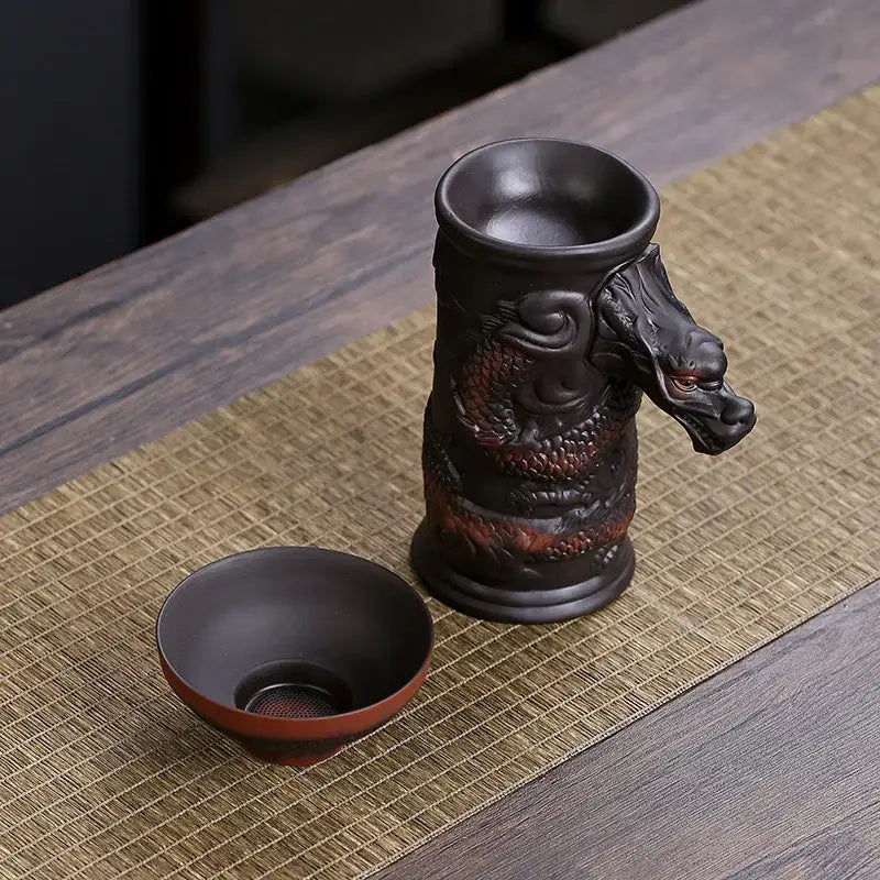 Dark brown ceramic dragon tea leaf funnel filter with black teapot and dragon head spout decorbites dragon tea set