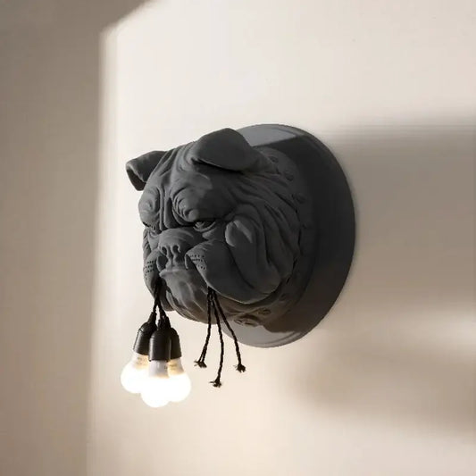 Dark gray decorbites bulldog resin wall lamp with three exposed bulbs hanging from mouth for living room decor