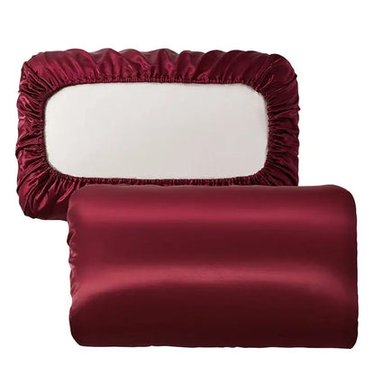 Dark gray decorbites imitation silk elastic band pillowcase set with rich burgundy satin fitted sheet for bedroom bedding