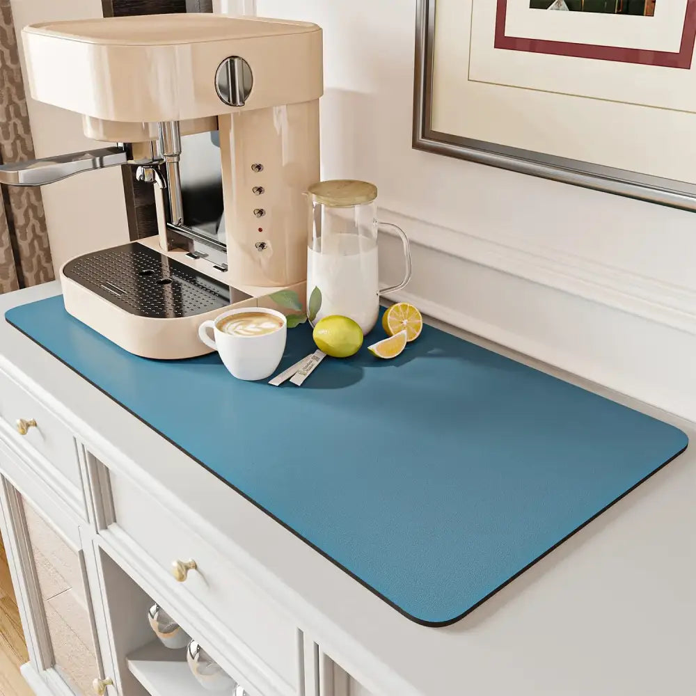 Blue rectangular silicone decorbites coffee mat with black border for absorbent kitchen drying use