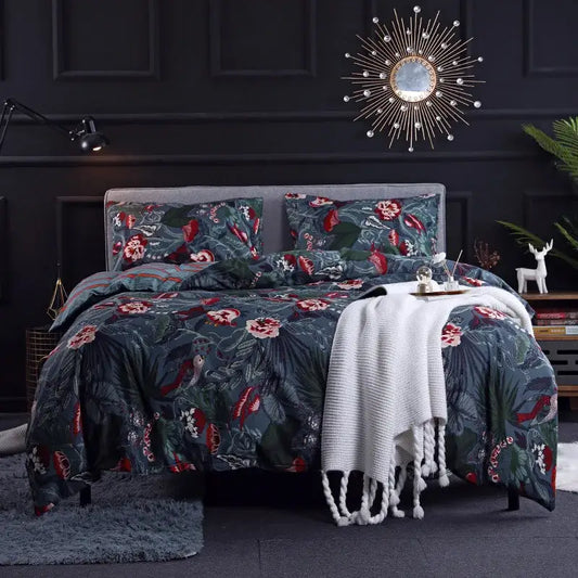 Dark green floral plush duvet cover set with red and white blossoms featuring a soft textured cover set for bedroom bedding