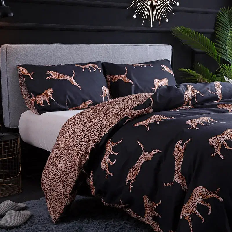 Dark green floral plush duvet cover set featuring a black duvet cover and pillowcases with rose gold leopard print design