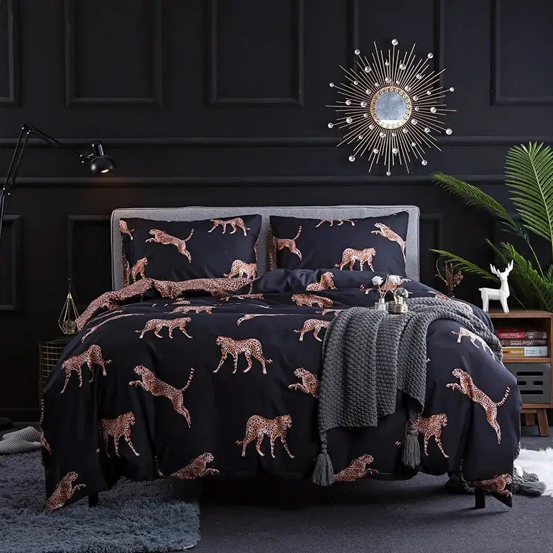Black duvet cover set featuring rose gold cheetah pattern complementing dark green floral plush bedroom bedding cover set