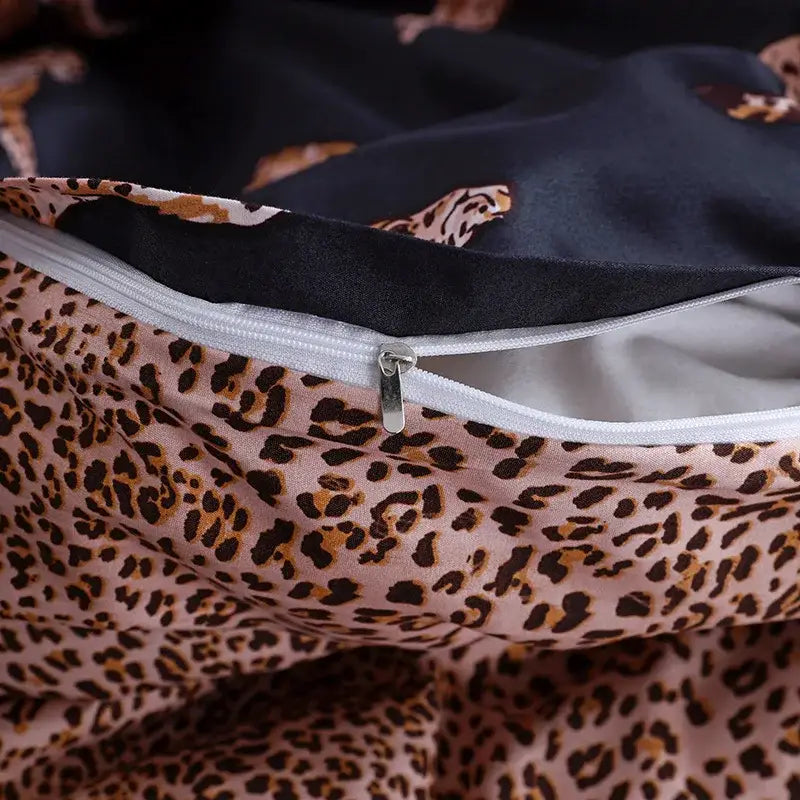 Dark green floral plush duvet cover set with pink leopard print fabric detail and silver zipper for bedroom bedding cover set