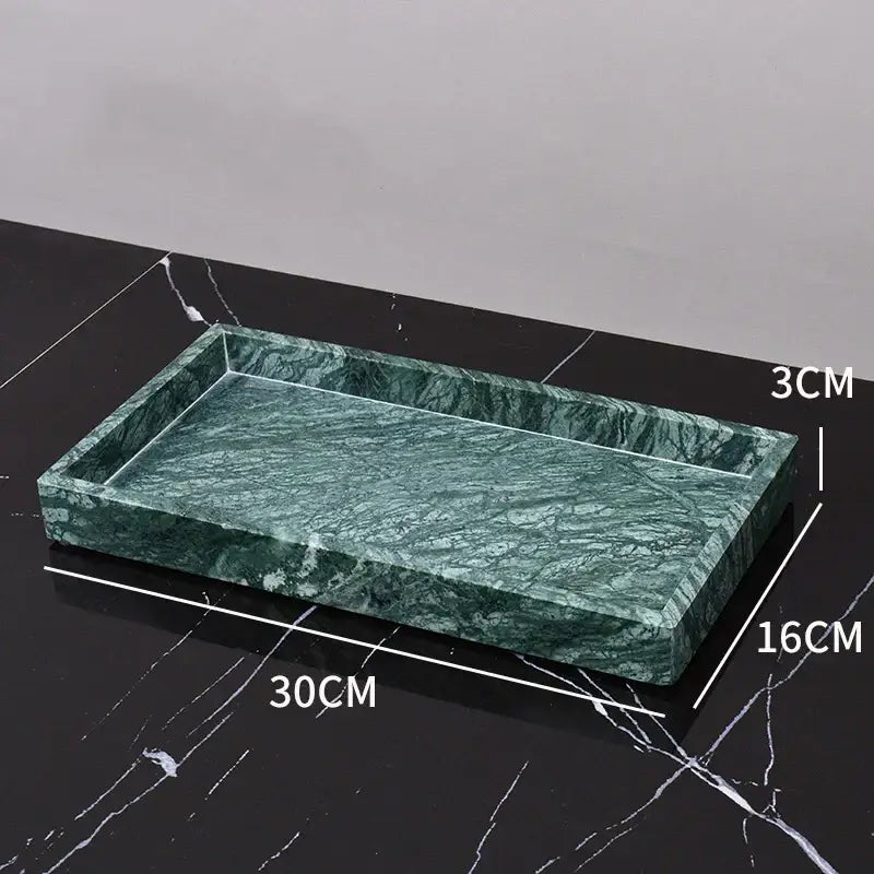 Rectangular dark green marble bathroom tray with polished veined surface and raised edges from decorbites dark green set
