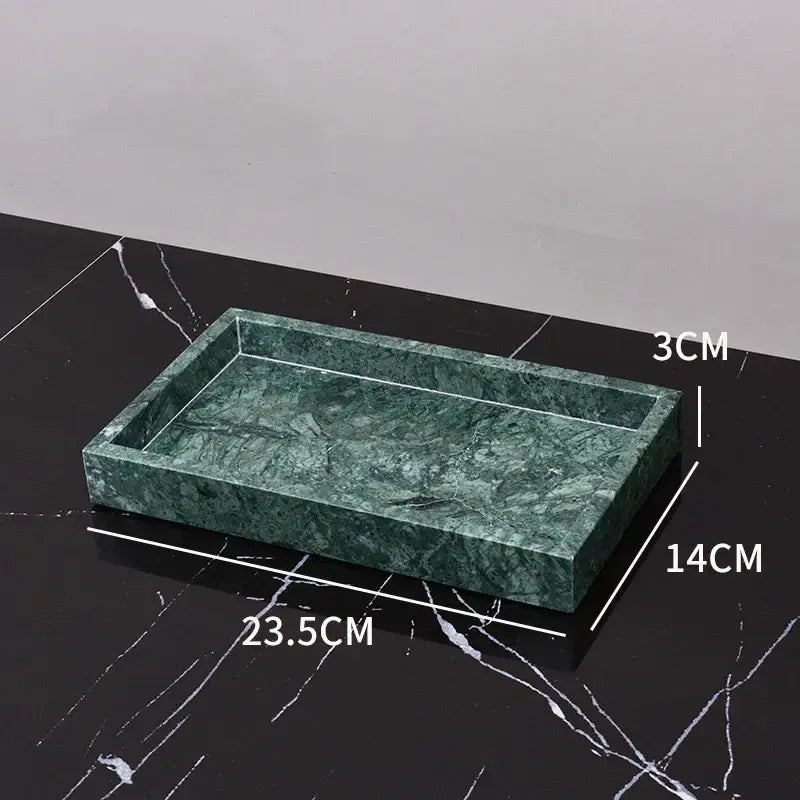 Rectangular dark green marble bathroom tray with polished veined surface and raised edges from decorbites dark green set