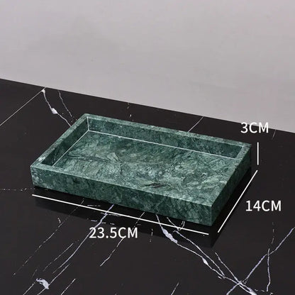Rectangular dark green marble bathroom tray with polished veined surface and raised edges from decorbites dark green set