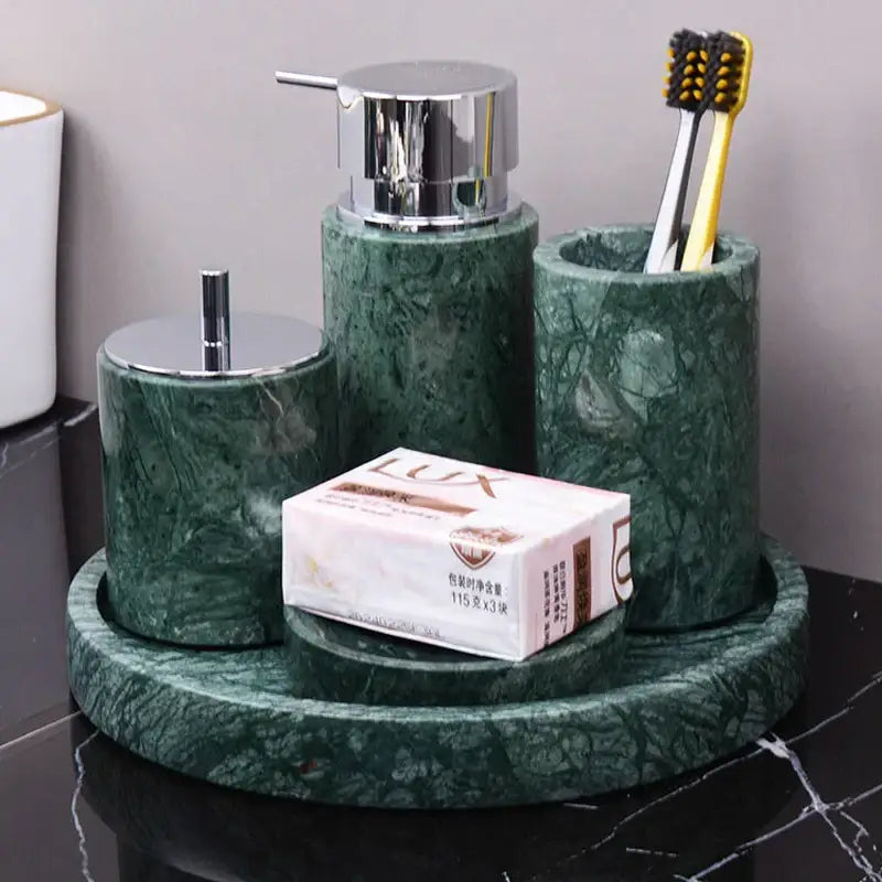 Dark green marble bathroom set with chrome-finished pump and lid accents from decorbites dark green collection