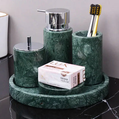 Dark green marble bathroom set with chrome-finished pump and lid accents from decorbites dark green collection