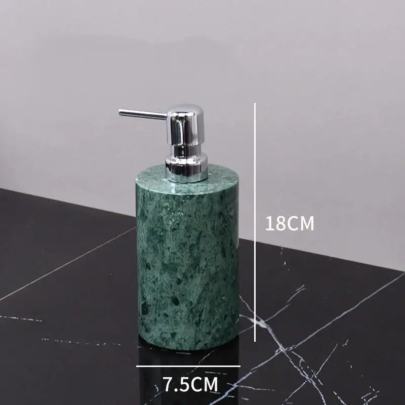 Dark green marble soap dispenser with a sleek chrome pump from decorbites dark green bathroom accessory set