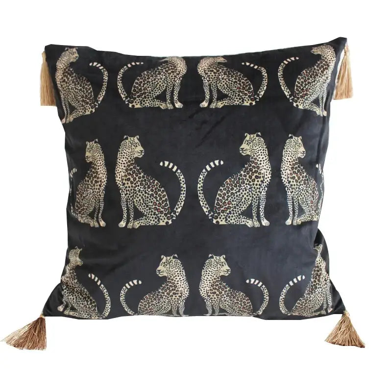 Black velvet cushion cover with cream and brown leopard cheetah print and natural tassels by decorbites for living room decor