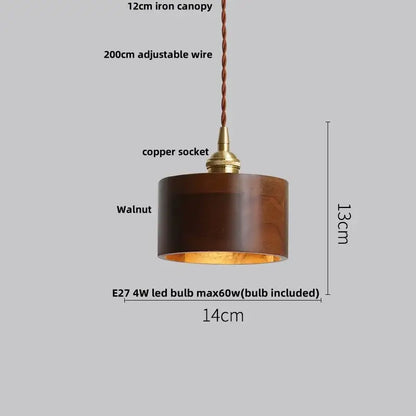 Dark wood and glass led pendant lamp with walnut finish and brass copper socket for dining room lighting