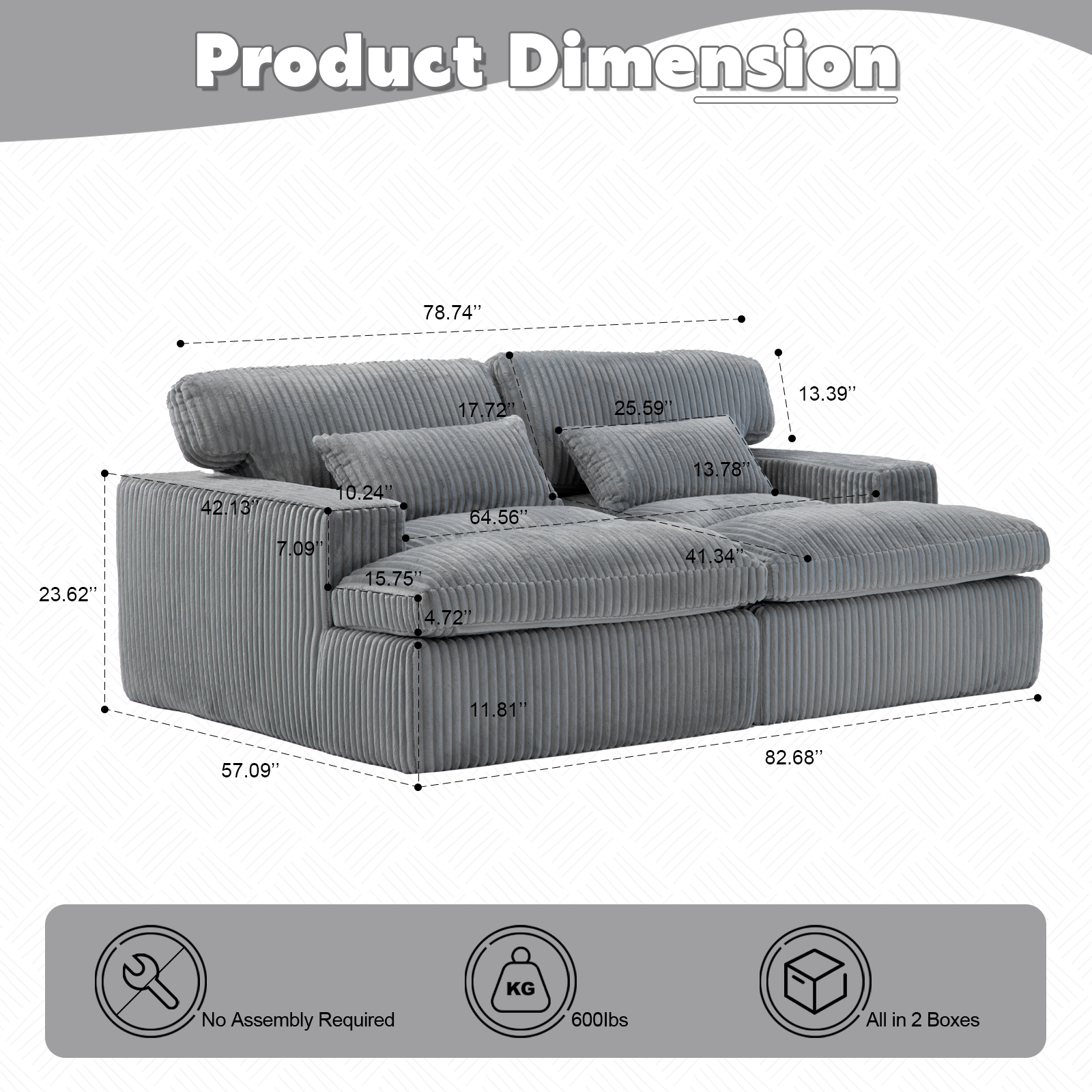 Grey Corduroy Chaise Lounge Deep Seat Assembled