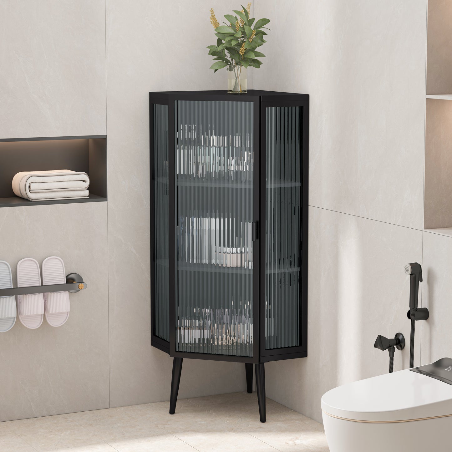 22.25'' Floor Coner Cabinet,Three Tiers With Tempered Glass Doors And Storage Shelves For Bathroom, Living Room And Bedroom Black