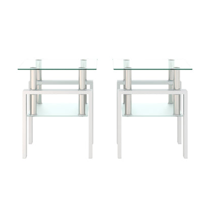 Set Of 2, Modern Tempered Glass Tea Table Coffee Table End Table, Square Table For Living Room, Transparent White