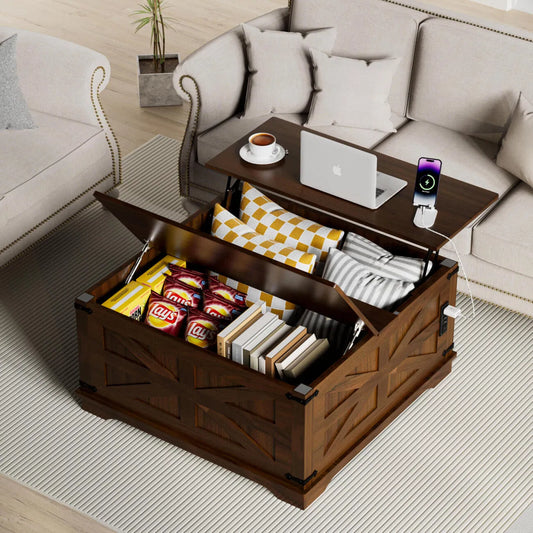 Farmhouse Coffee Table With Lift-Top, USB Charging Station & Hidden Storage - Sturdy Wooden Base