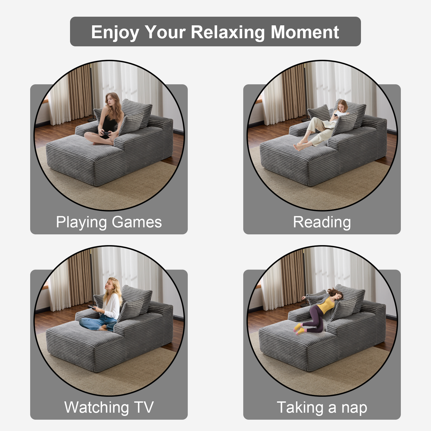 Oversized Chaise Lounge Chair Cozy Cloud Couch, Modern Plush Corduroy Upholstered Sleeper Sofa Daybed With 3 Throw Pillows And Wide Armrest For Living Room, No Assembly Required,Grey