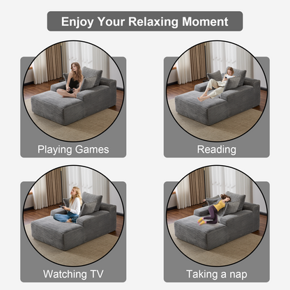 Oversized Chaise Lounge Chair Cozy Cloud Couch, Modern Plush Corduroy Upholstered Sleeper Sofa Daybed With 3 Throw Pillows And Wide Armrest For Living Room, No Assembly Required,Grey