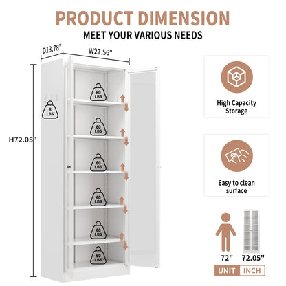Metal Kitchen Pantry Cabinet -  Tall Storage With 5 Adjustable Shelves, White Freestanding Cabinet For Kitchen Pantry Bathroom