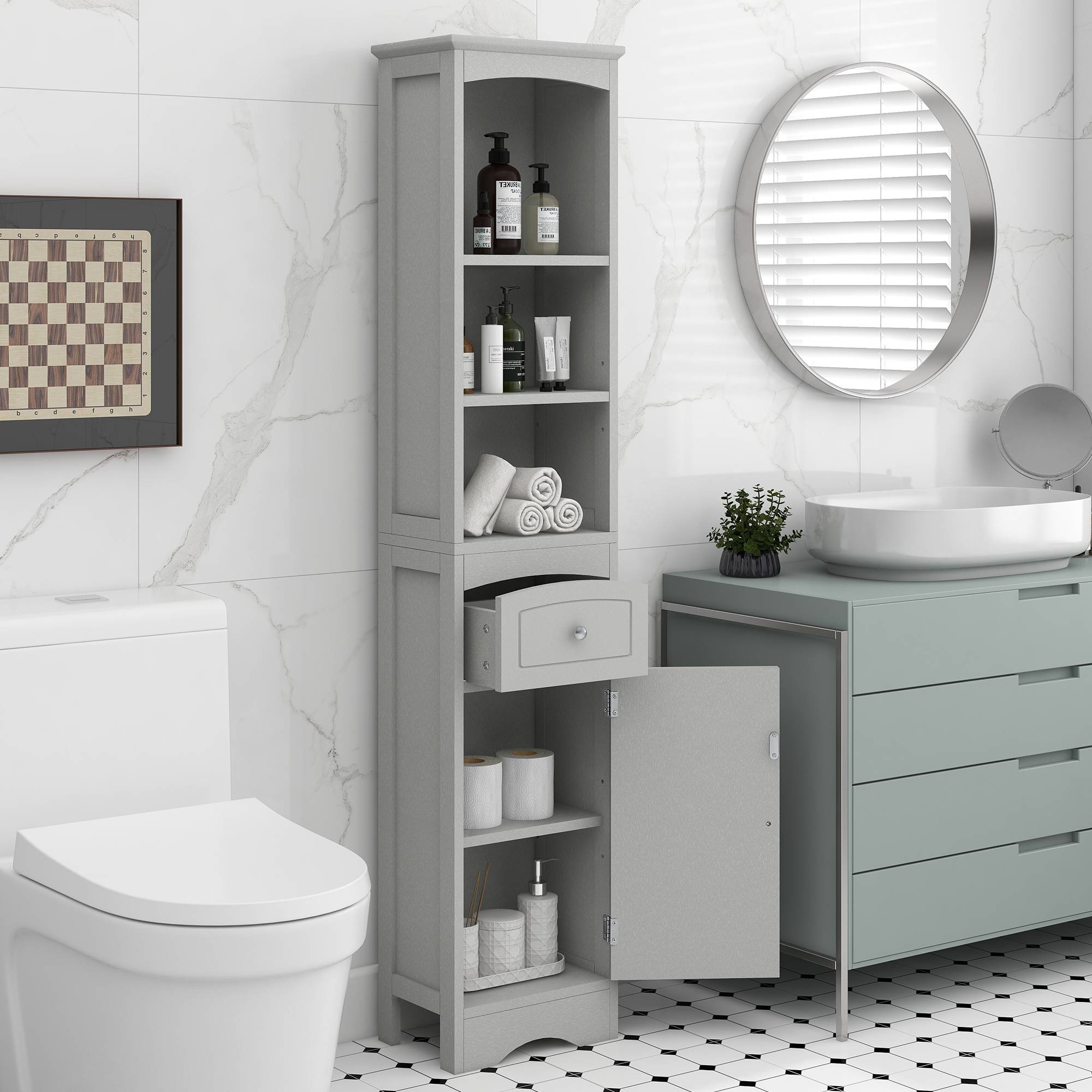 White Tall Storage Cabinet Adjustable Shelf Drawer