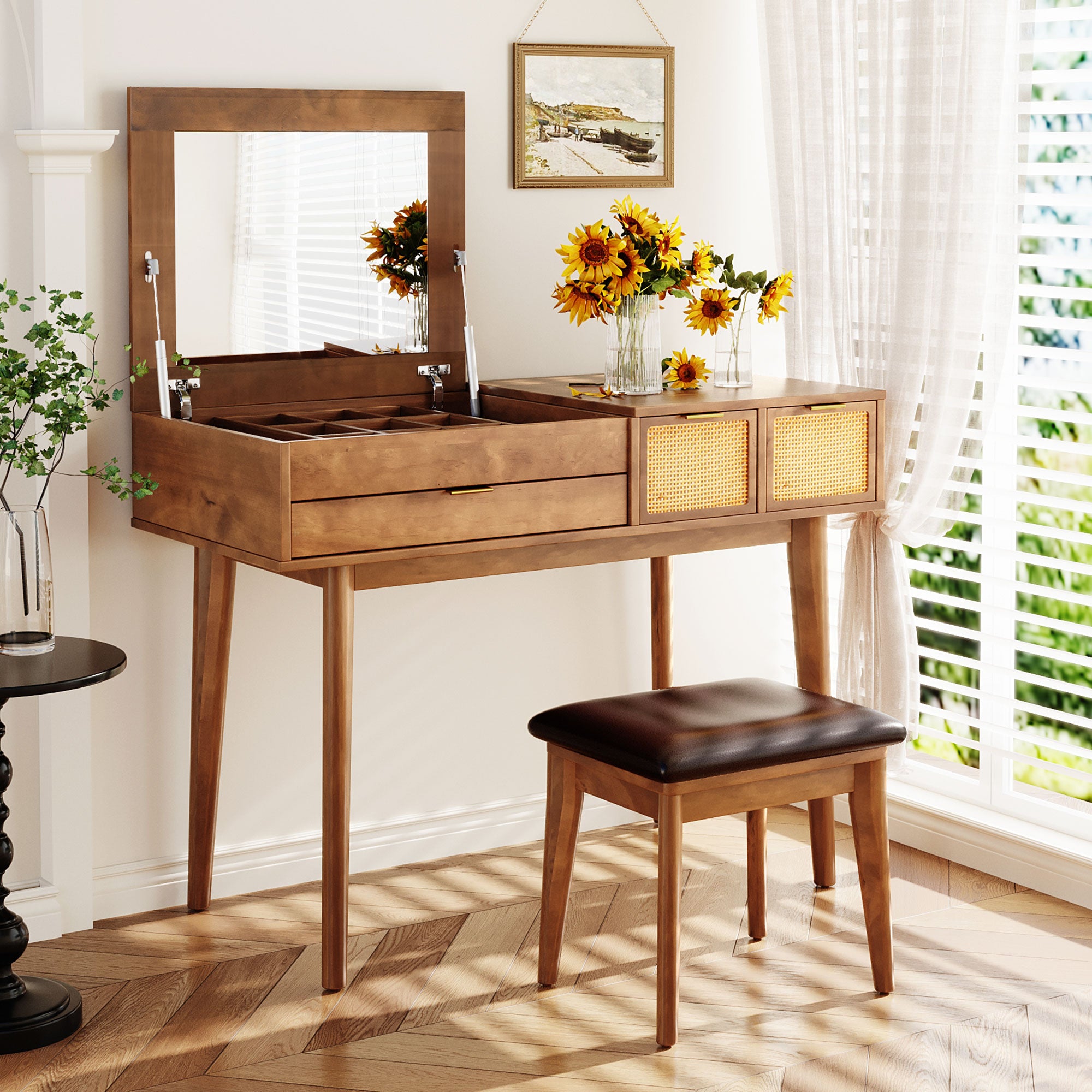 Wood Makeup Vanity Set Flip-top Mirror Dressing Table
