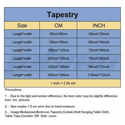 A blue decorbites death note aesthetic tapestry size chart in centimeters and inches for bedspread or wall hanging use