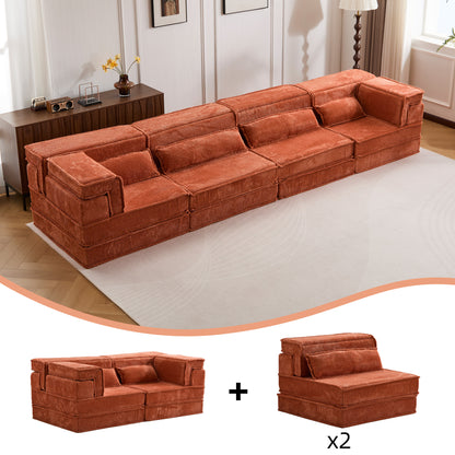Compression Mahjong Sofa,Convertible Floor Sofa Bed,DIY Boneless Modular Sectional Sofa,No Assembly Required,Circle Fleece Fabric,Oversized 4 Seater With 4 Pillows,Orange