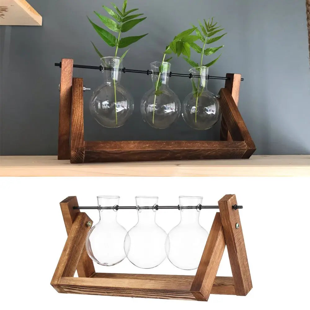 Wooden frame hydroponic glass terrarium holder with three clear spherical vases for tabletop decoration