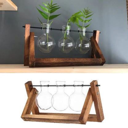 Wooden frame hydroponic glass terrarium holder with three clear spherical vases for tabletop decoration