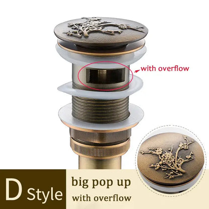 Antique brass decorative tree motif pop-up drain with ornate cherry blossom lid for bathroom sink by decorbites brass bathroom