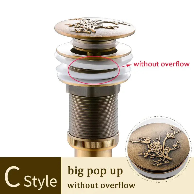 Decorbites brass bathroom decorative tree motif pop-up drain in antique gold with floral engraving for bathroom sink