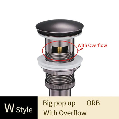 Matte black pop-up drain with overflow and white rubber seal for bathroom sink featuring a decorbites brass finish