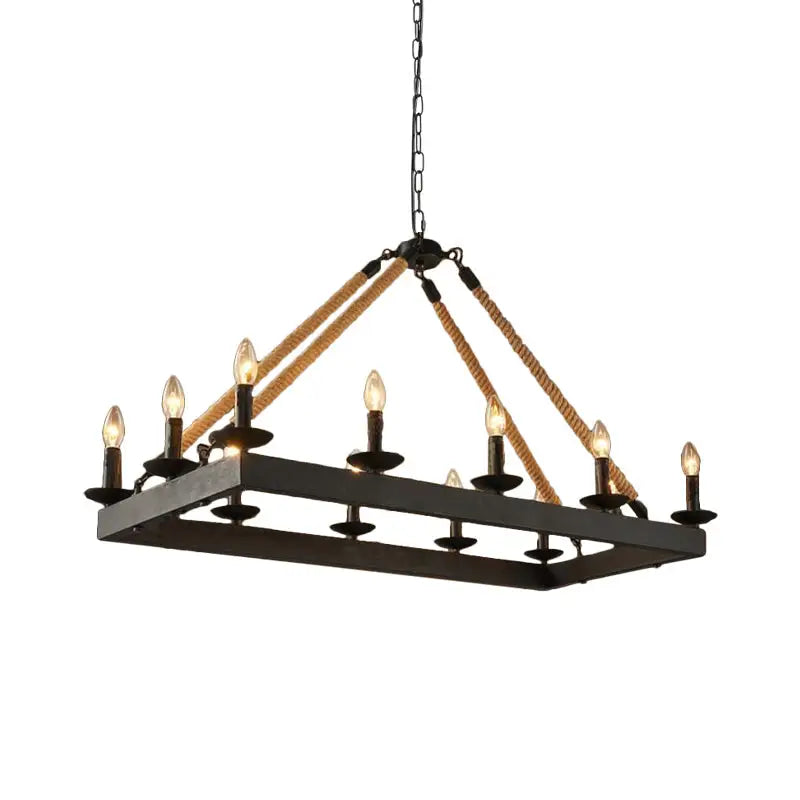 Black metal chandelier with rustic rope accents and 10 candle-style e26 e27 light bulbs for industrial decor