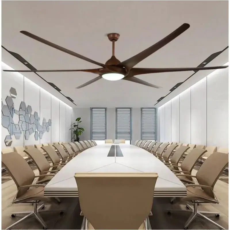 A sleek modern dark bronze large ceiling fan with five long blades and central light fixture for living room use