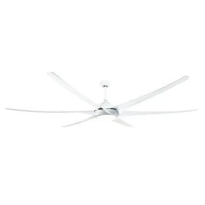 Modern dark bronze large ceiling fan with sleek white blades and minimalist design for living room use