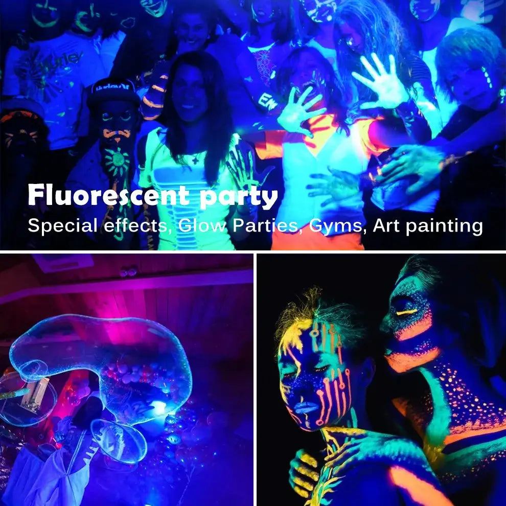 Glowing fluorescent body paint in vibrant neon colors under decorbites 100w led uv blacklight stage effect for parties