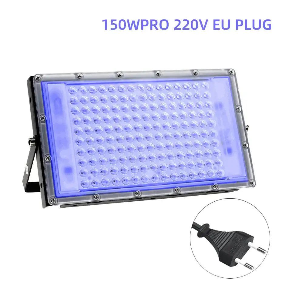 Decorbites 100w led uv blacklight floodlight with rectangular metal housing and blue illuminated leds for blacklight stage effect