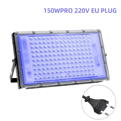 Decorbites 100w led uv blacklight floodlight with rectangular metal housing and blue illuminated leds for blacklight stage effect