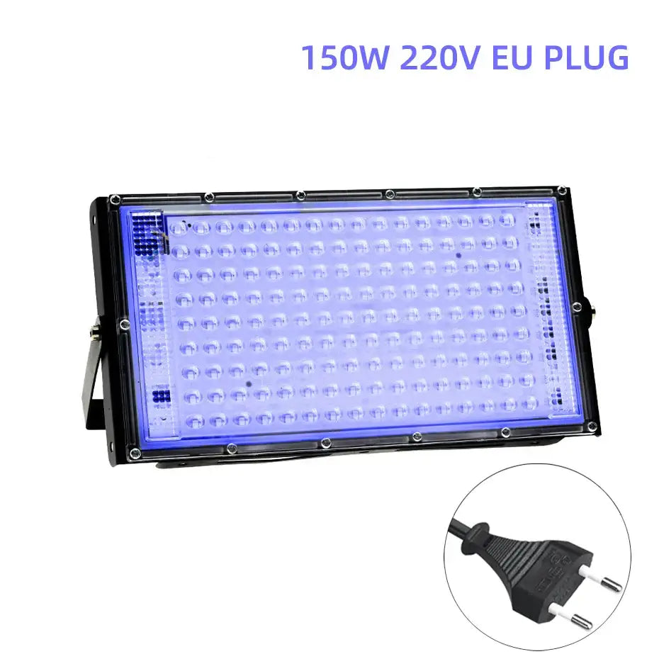 Decorbites 100w led uv blacklight stage effect light with black rectangular panel emitting bright blue glow for studio use