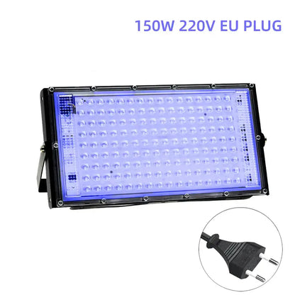 Decorbites 100w led uv blacklight stage effect light with black rectangular panel emitting bright blue glow for studio use
