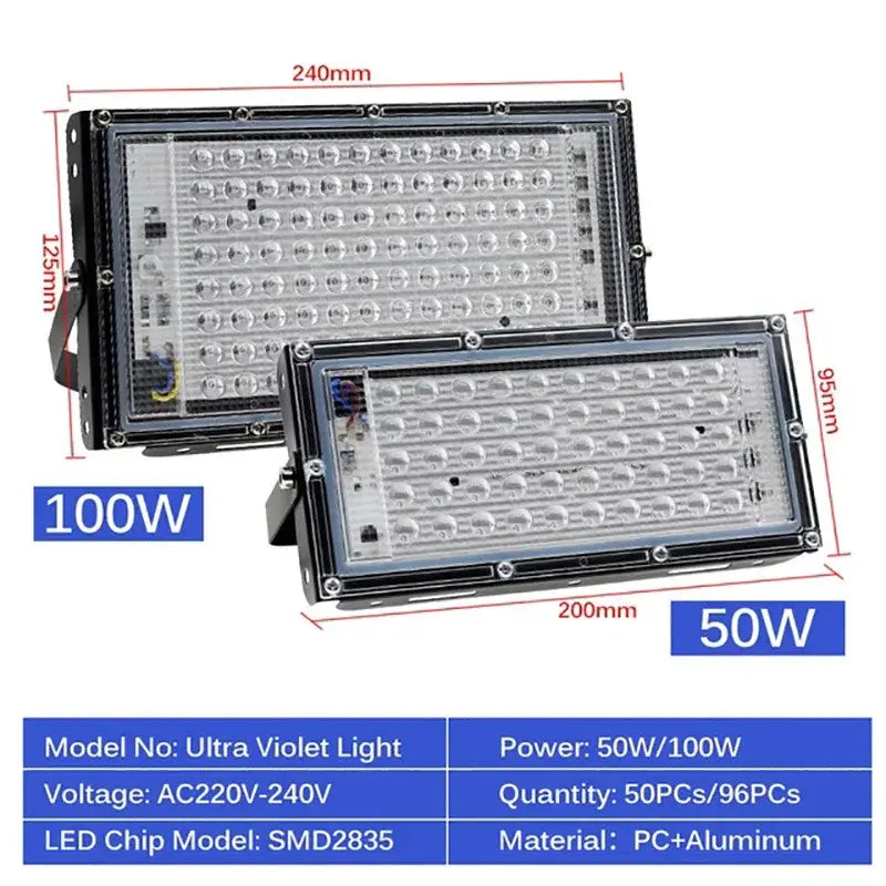 Black rectangular Decorbites 100w led uv blacklight floodlights with clear covers for blacklight stage effect lighting
