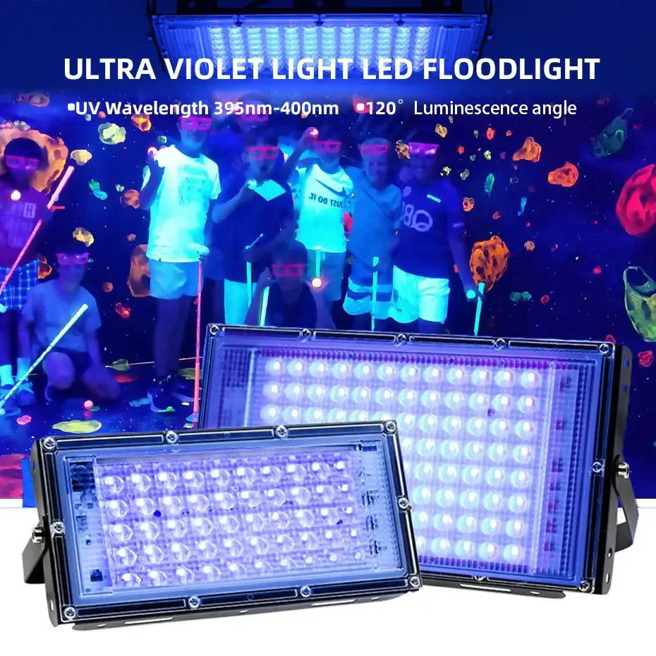 Black rectangular decorbites 100w led uv blacklight with bright purple uv leds emitting intense violet glow for stage effect