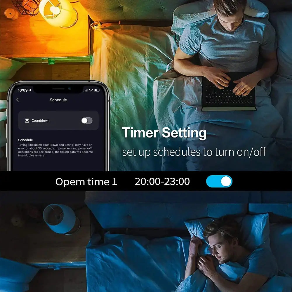 Smartphone showing timer schedule app for decorbites 12w rgbw bluetooth smart led lamp used in bedroom setting