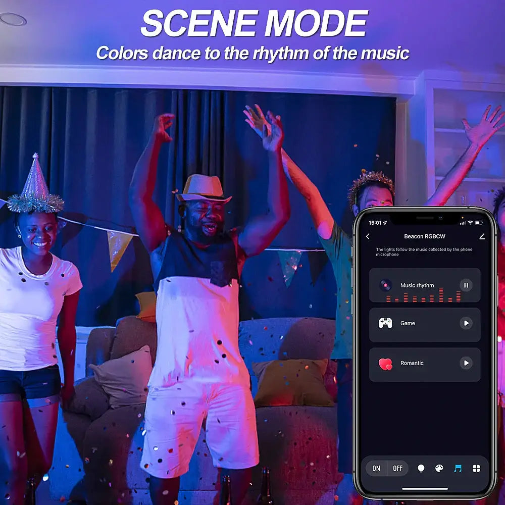Smartphone showing beacon rgbcw app interface controlling scene modes for decorbites 12w rgbw bluetooth smart led lamp