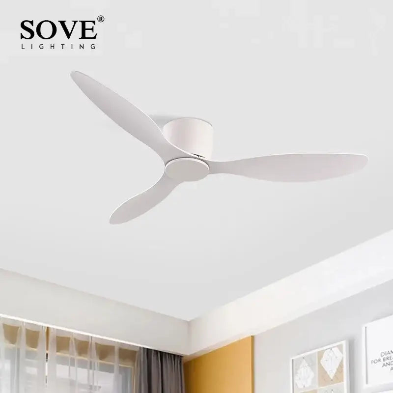 Modern white dc ceiling fan with remote control lighting and sleek wood blades for bedroom use