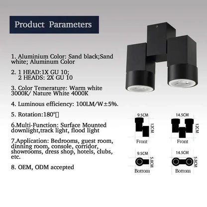 Black dual-head adjustable downlight surface mount with modern geometric design and gu10 bulb sockets for living room