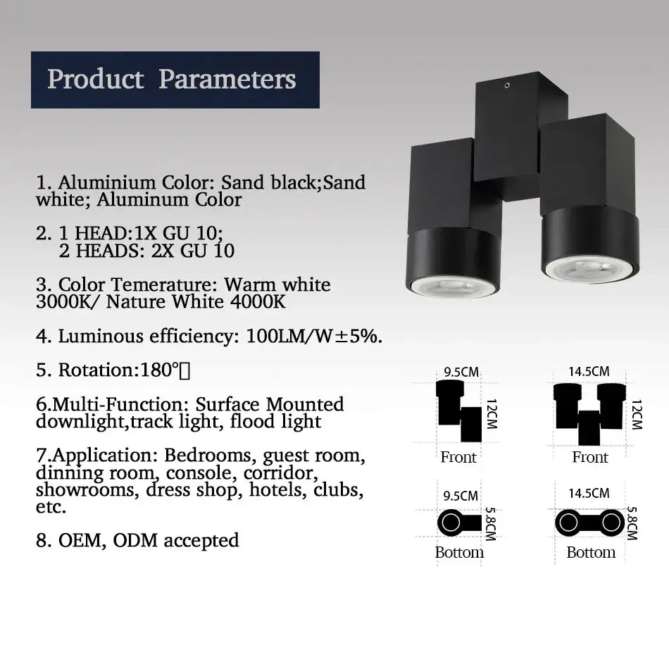 Black dual-head adjustable downlight surface mount with modern geometric design and gu10 bulb sockets for living room
