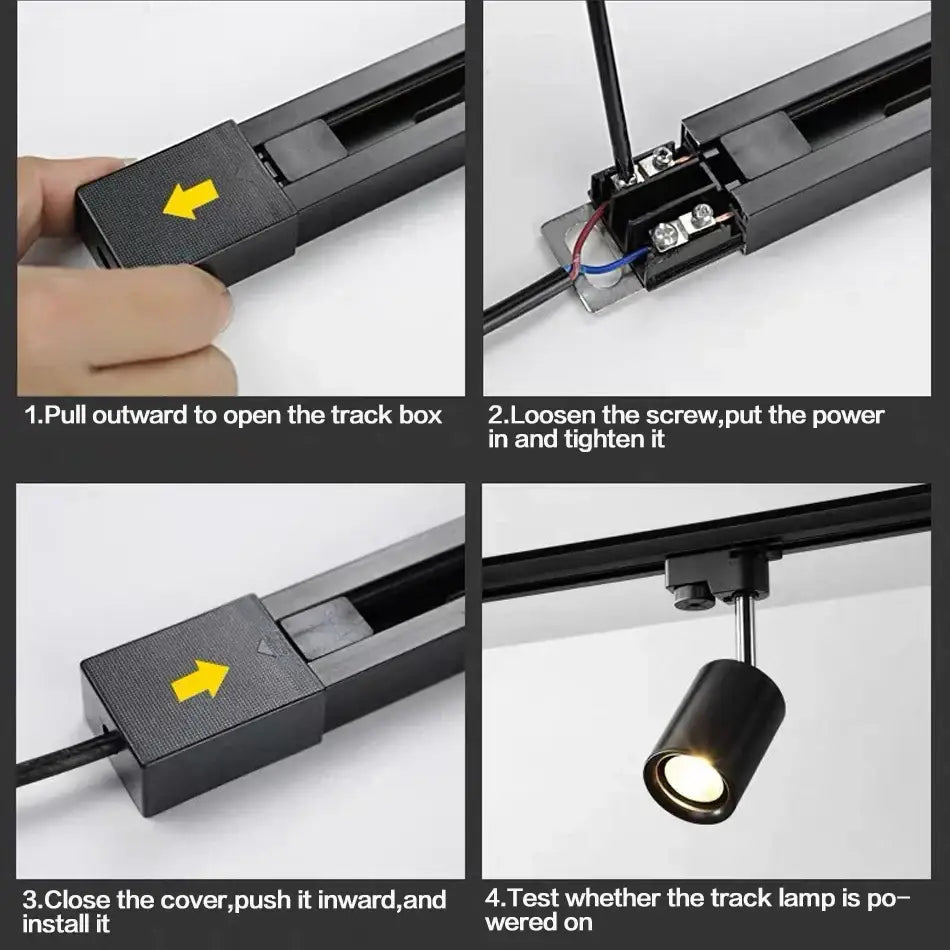 Modern black aluminum rail spotlight fitting with cylindrical lamp head and adjustable bracket for kitchen track rail spotlight