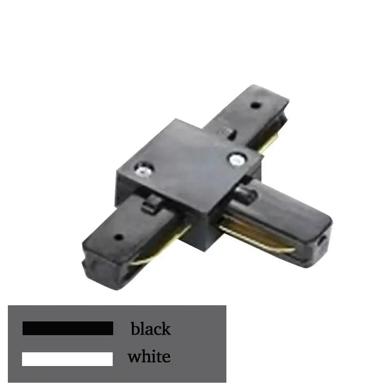 Black plastic track rail spotlight connector with metallic contacts for modern black and white aluminum kitchen fitting