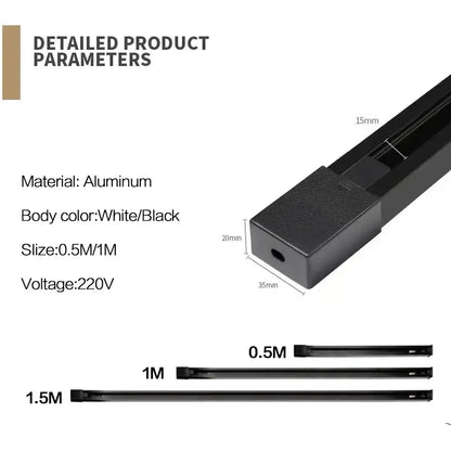 Modern black aluminum track rail spotlight fitting with sleek rectangular design and precise dimensional markings for kitchen